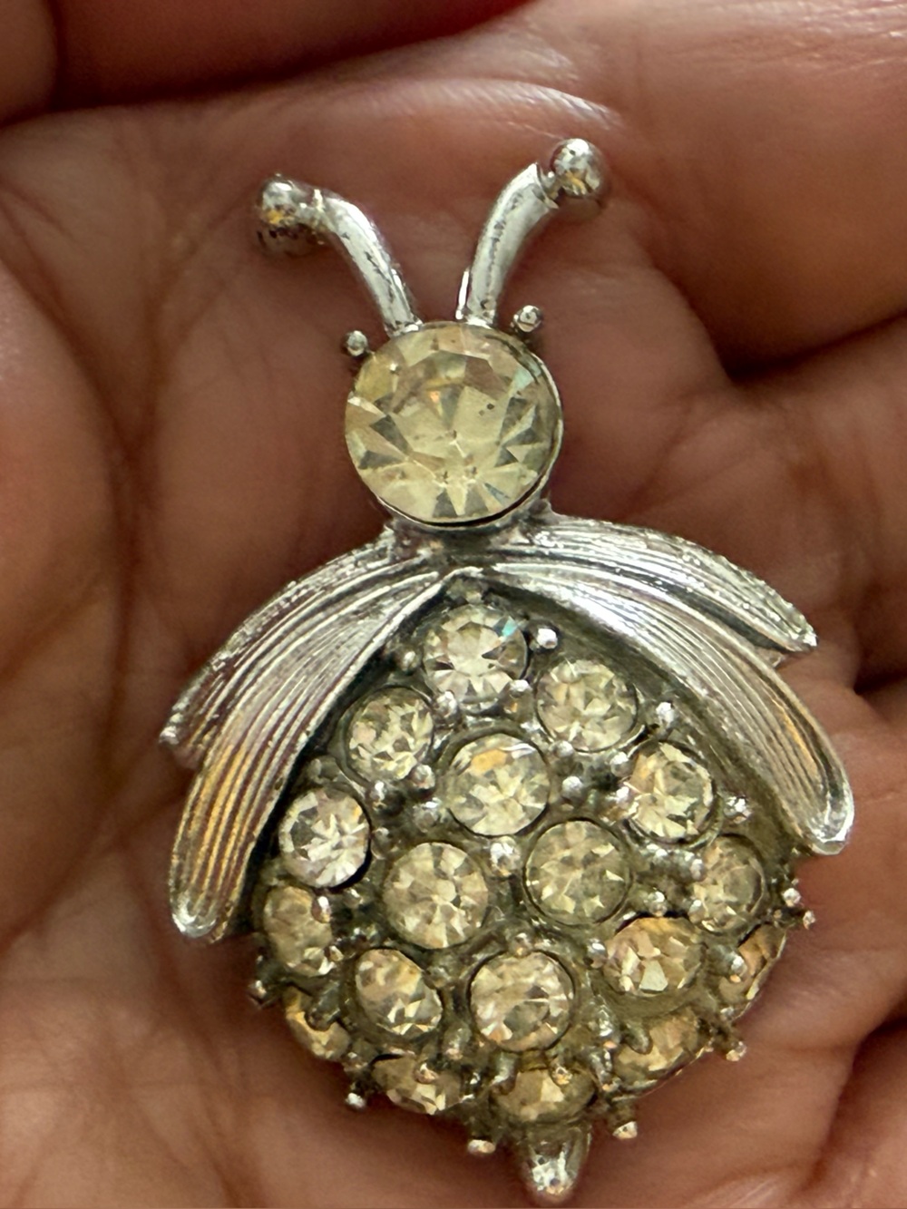 Vintage Crystal Bee Brooch - Silver and Champagne Rhinestones